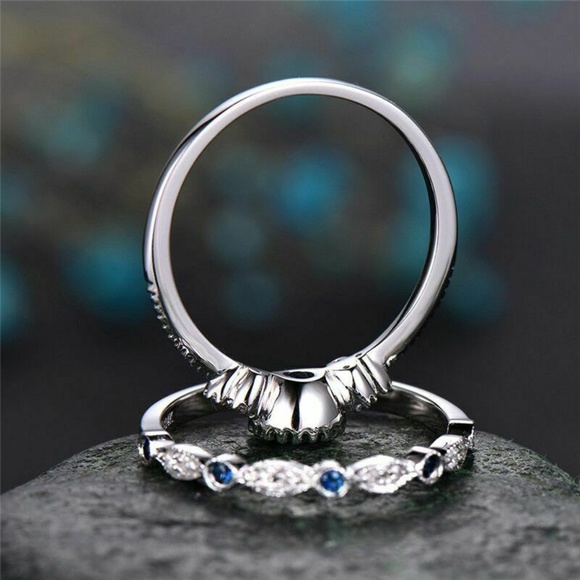2pcs/set 925 Silver  Blue Sapphire Ring New - Picture 5 of 6